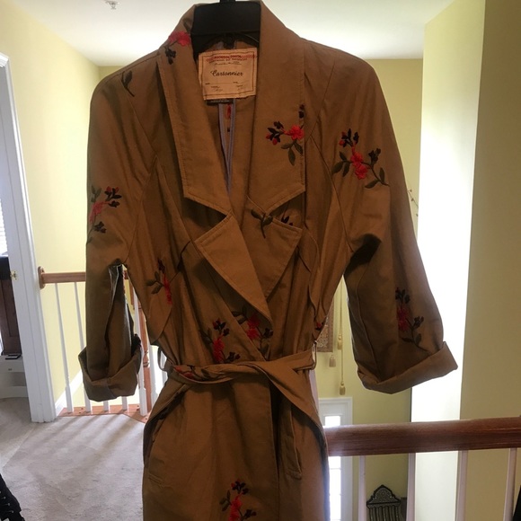 {Anthropologie & Cartonnier} belted embroidered trench coat - Sz M - Picture 7 of 14